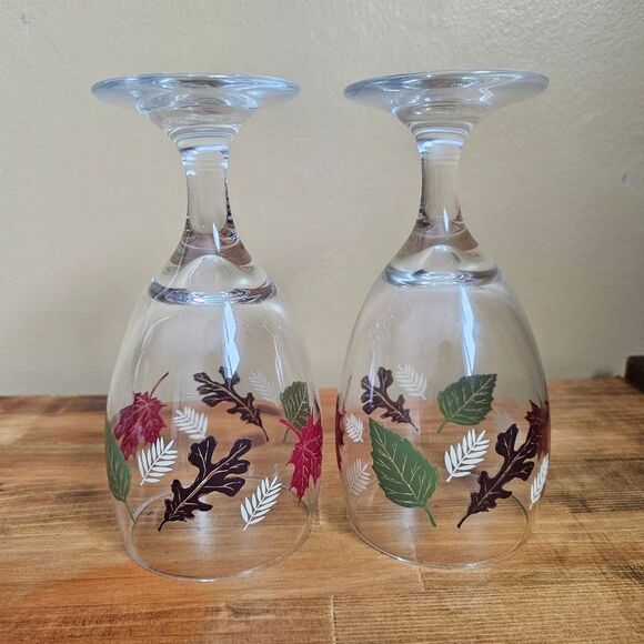 2 Libbey Glass Goblets Water Wine Autumn Fall Harvest Leaves Green Brown Red - Picture 3 of 6